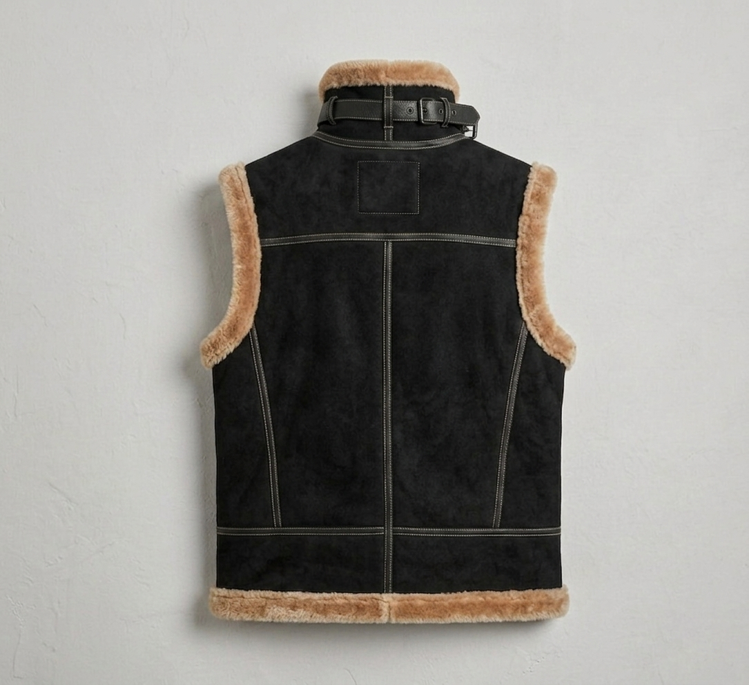 Men’s Black Suede Leather Shearling Hooded Vest – Sleeveless Winter Jacket