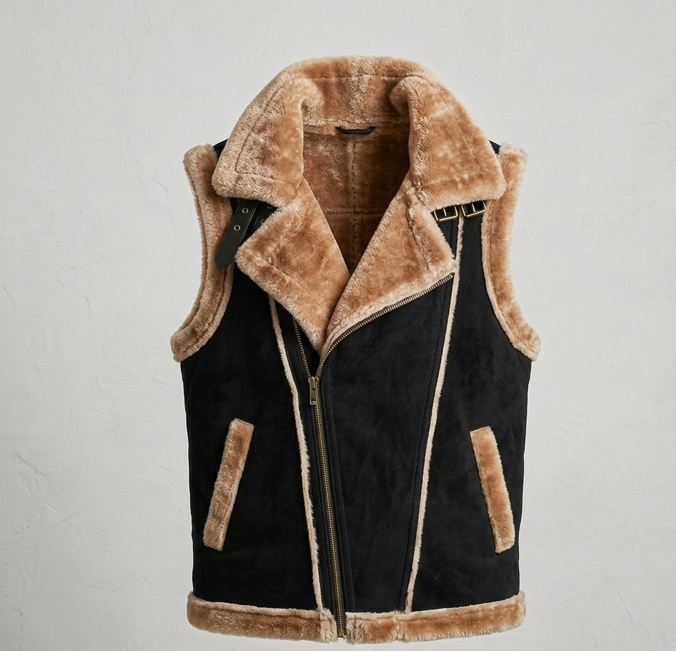Men’s Black Suede Leather Shearling Hooded Vest – Sleeveless Winter Jacket