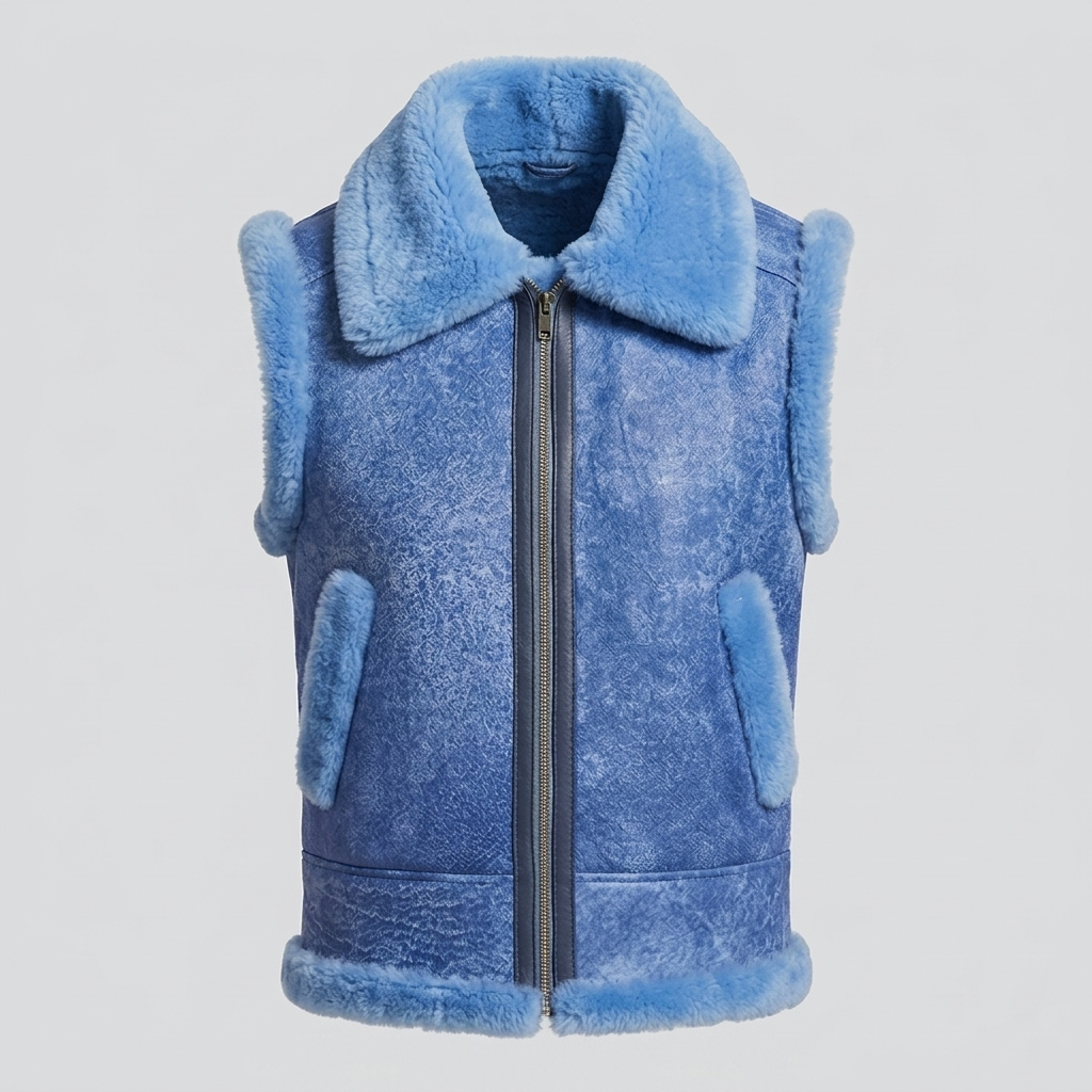 Men’s Blue Sheepskin Shearling Leather Vest – Premium Winter Gilet