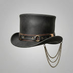 Genuine Black Leather Bucket Hat with Decorative Band & Metal Chain Detail