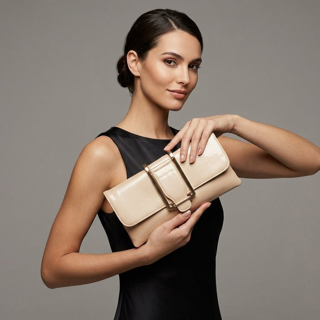 Glossy Beige Clutch Bag with Gold Buckle Detail