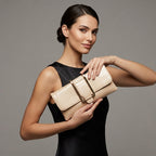 Glossy Beige Clutch Bag with Gold Buckle Detail