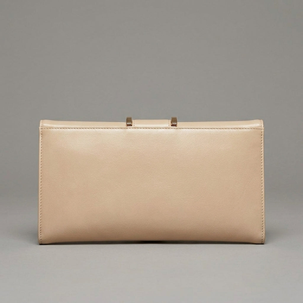 Glossy Beige Clutch Bag with Gold Buckle Detail