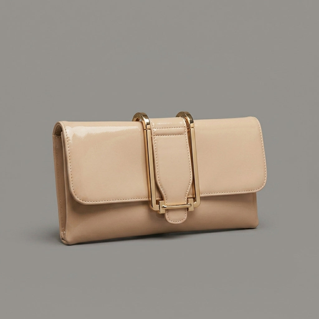 Glossy Beige Clutch Bag with Gold Buckle Detail