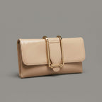 Glossy Beige Clutch Bag with Gold Buckle Detail