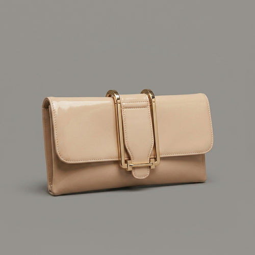 Glossy Beige Clutch Bag with Gold Buckle Detail