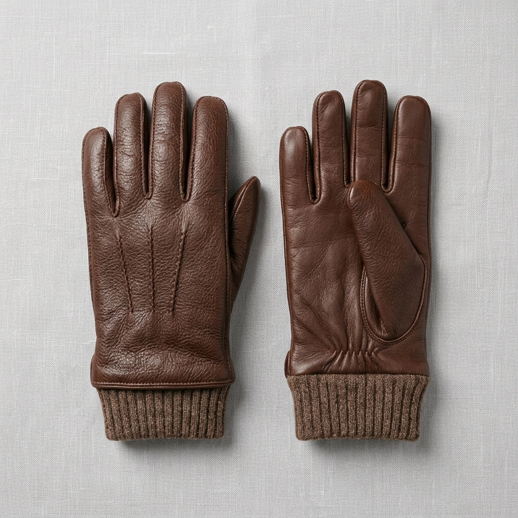 Hestra Brown Deerskin Leather Gloves with Knitted Cuff