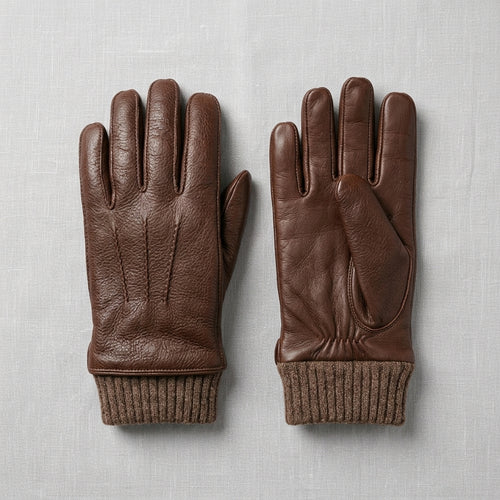 Hestra Brown Deerskin Leather Gloves with Knitted Cuff