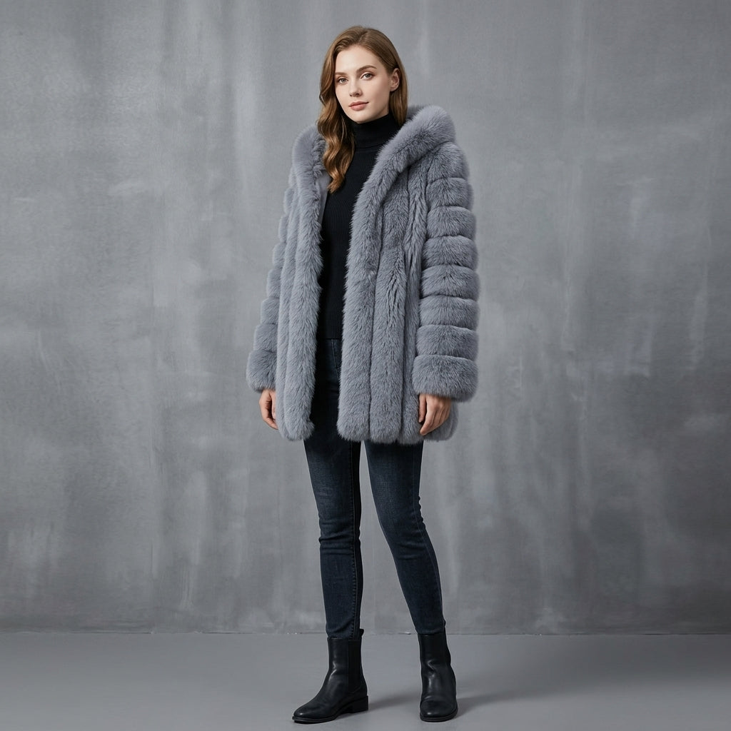 Gray Fox Fur Hooded Parka Coat