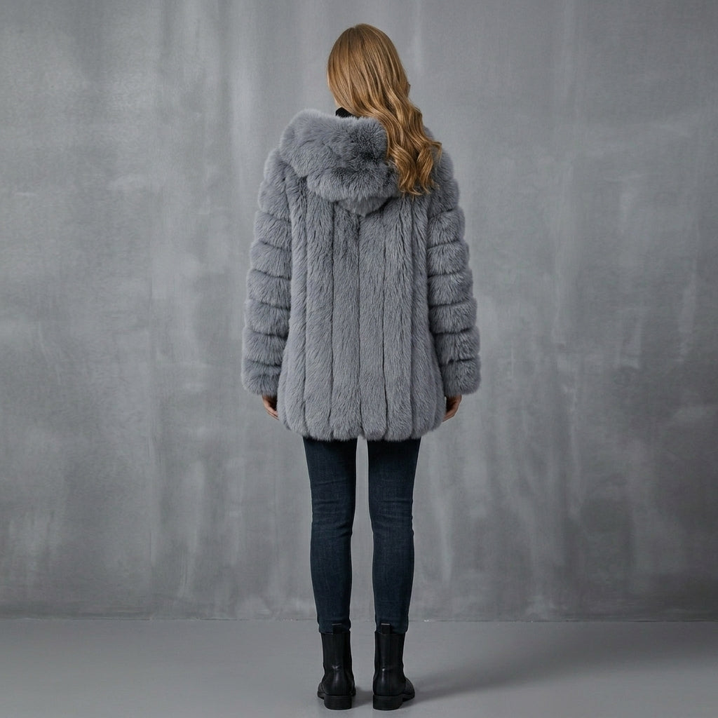 Gray Fox Fur Hooded Parka Coat