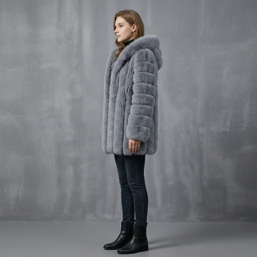 Gray Fox Fur Hooded Parka Coat