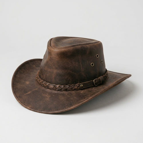 Barmah Brown Squashy Leather Hat with Braided Hatband – Crushable Cowhide Design
