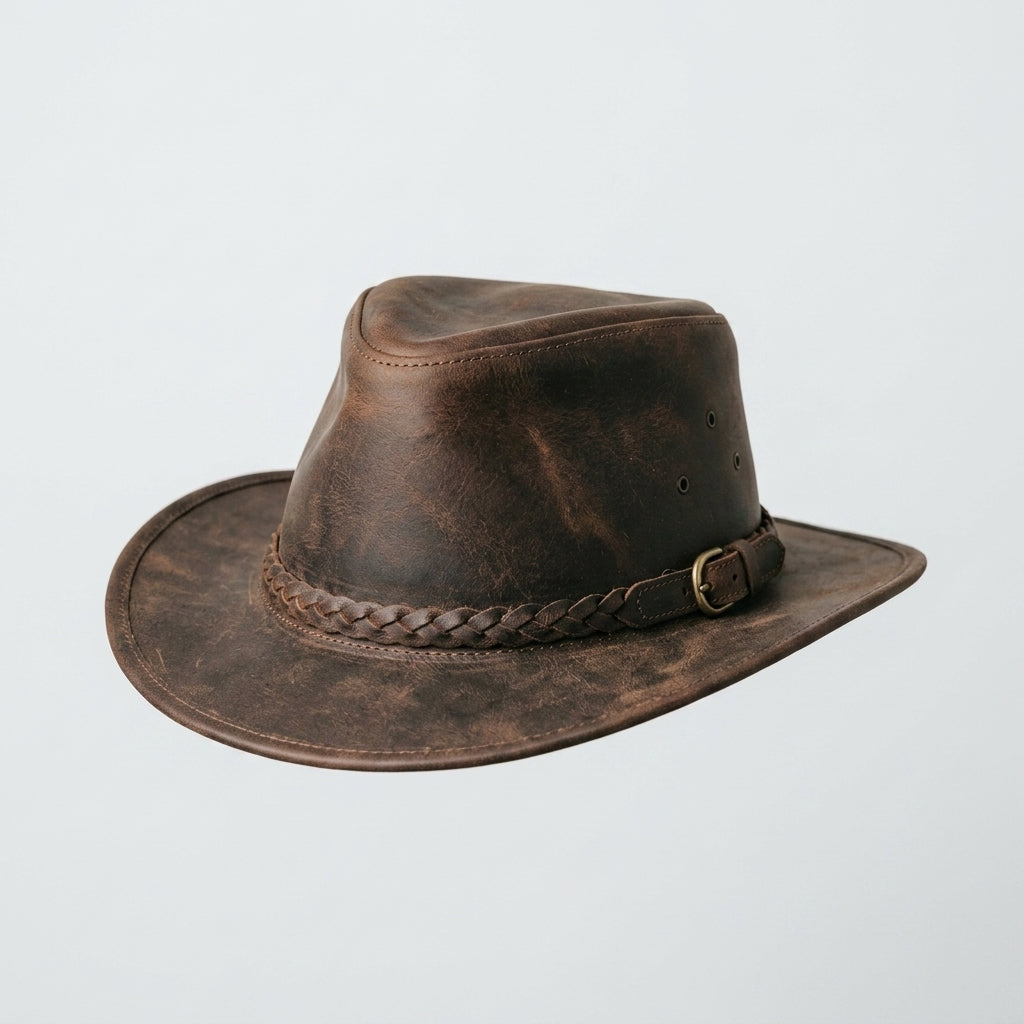 Rustic Brown Leather Cowboy Hat with Braided Hatband & Brass Buckle Detail