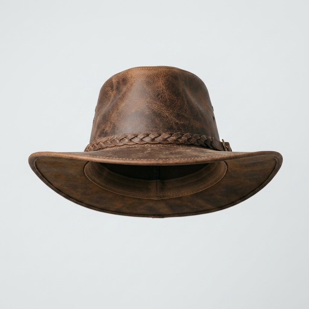 Brown Distressed Leather Western Hat with Braided Hatband – Rustic Cowboy Style