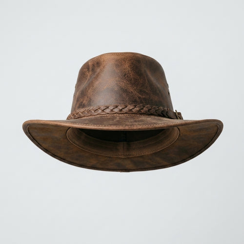 Brown Distressed Leather Western Hat with Braided Hatband – Rustic Cowboy Style