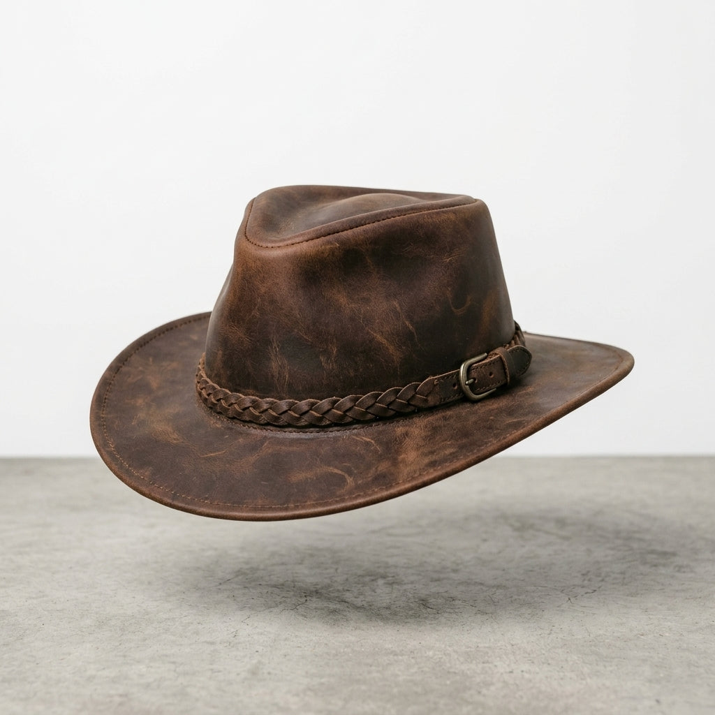 Scippis Fitzroy Distressed Brown Leather Hat with Braided Band & Metal Buckle