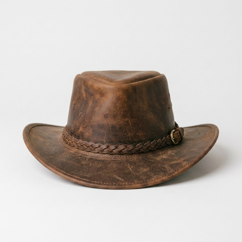Outback Trading Company Ridge Brown Distressed Leather Hat with Braided Band & Brass Buckle