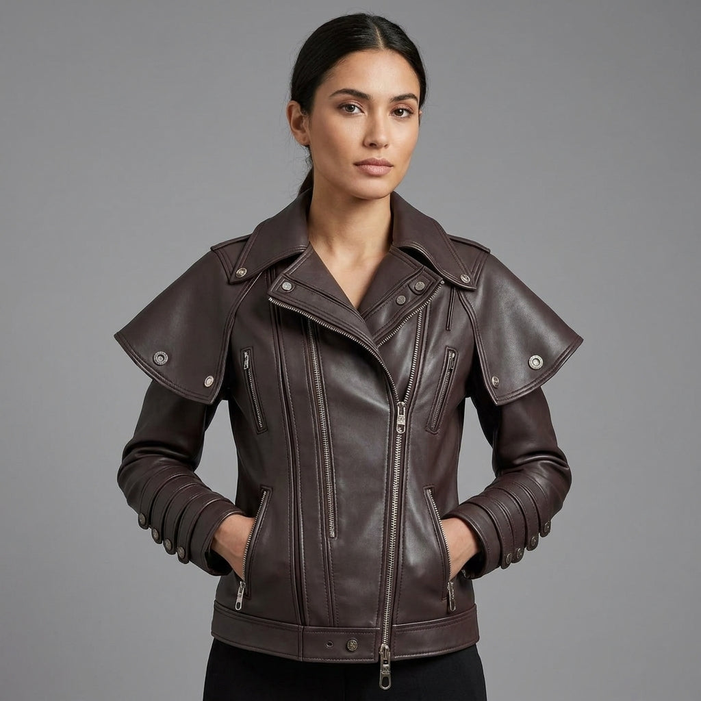 Heritage Brown Handmade Leather Biker Jacket for Women