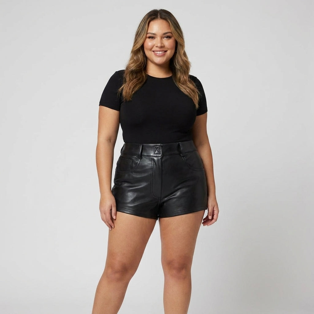 High-Waisted Black Genuine Leather Mini Shorts