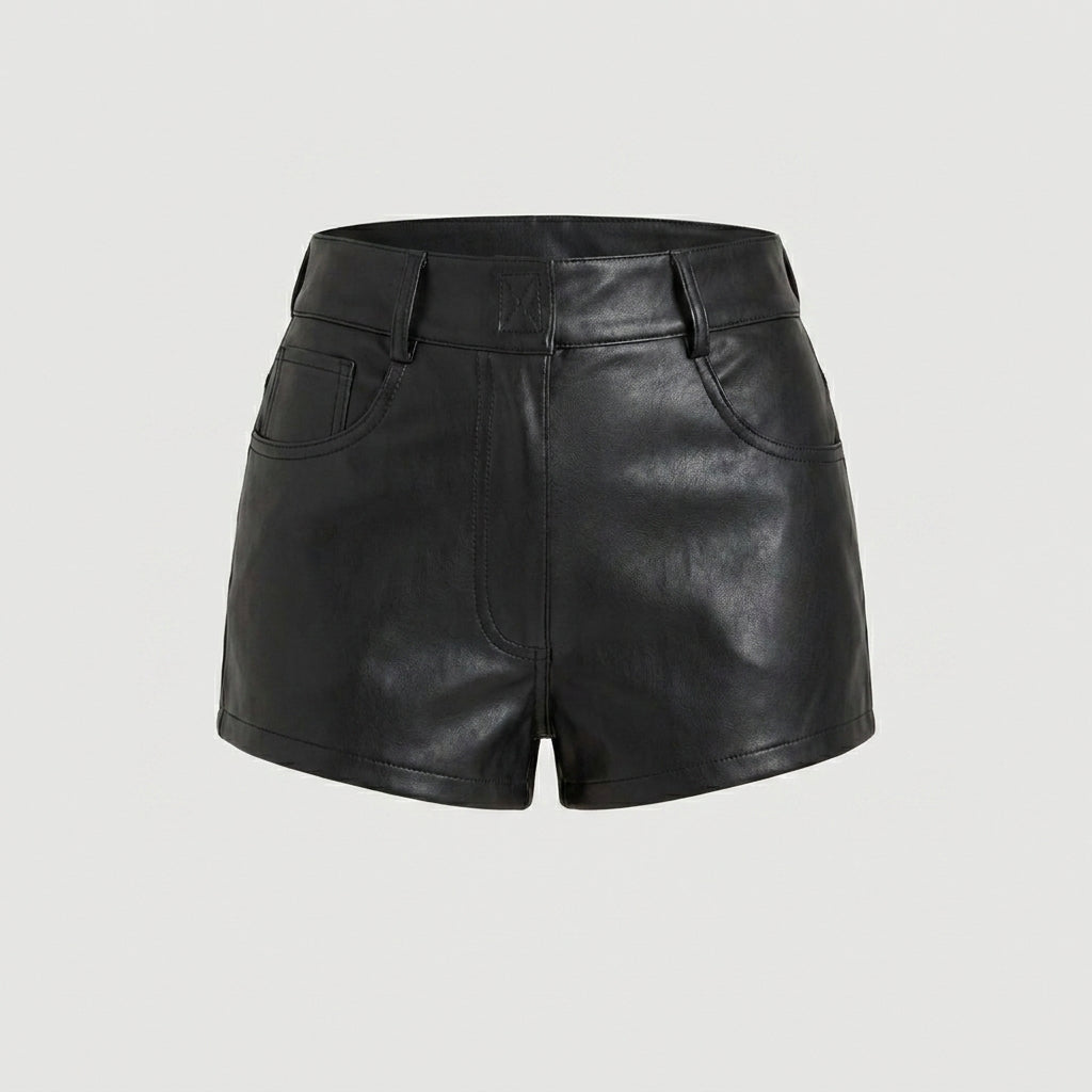 High-Waisted Black Genuine Leather Mini Shorts