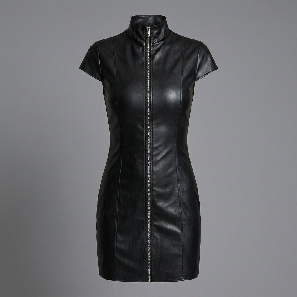 High Neck Zip Leather Dress