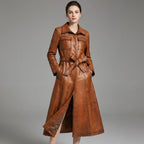 Italian Luxe Real Leather Trench Coat for Women – Premium Long Belted Jacket