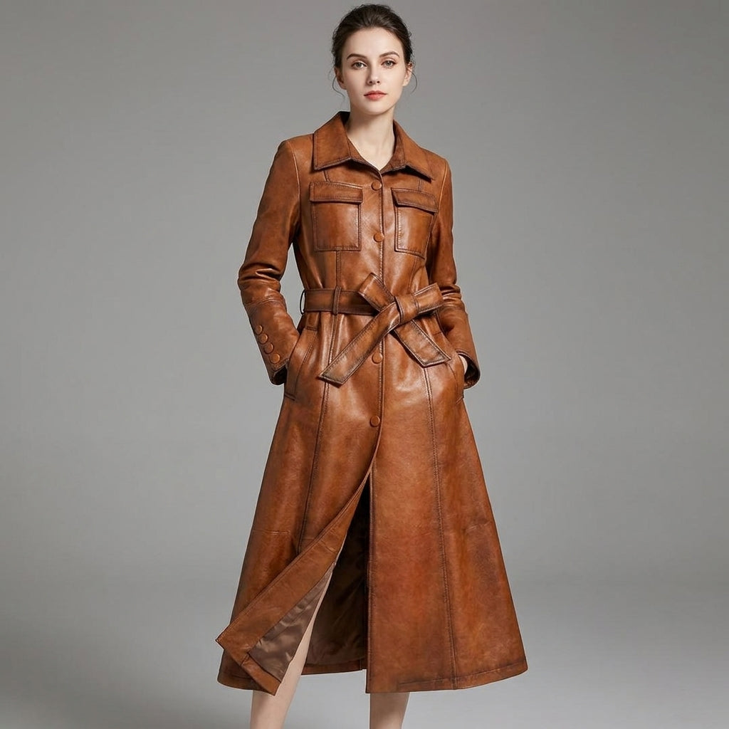 Italian Luxe Real Leather Trench Coat for Women – Premium Long Belted Jacket