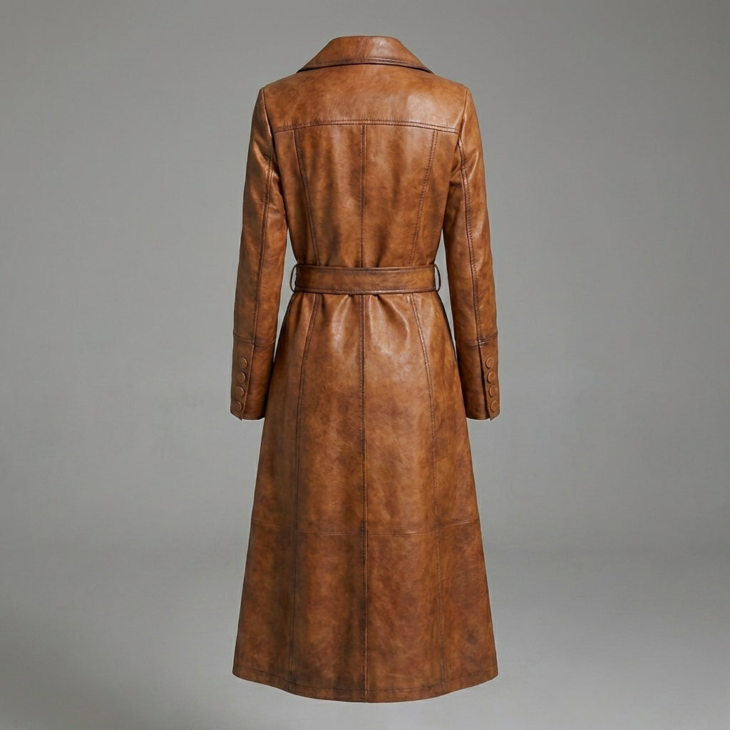 Italian Luxe Real Leather Trench Coat for Women – Premium Long Belted Jacket