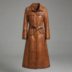 Italian Luxe Real Leather Trench Coat for Women – Premium Long Belted Jacket