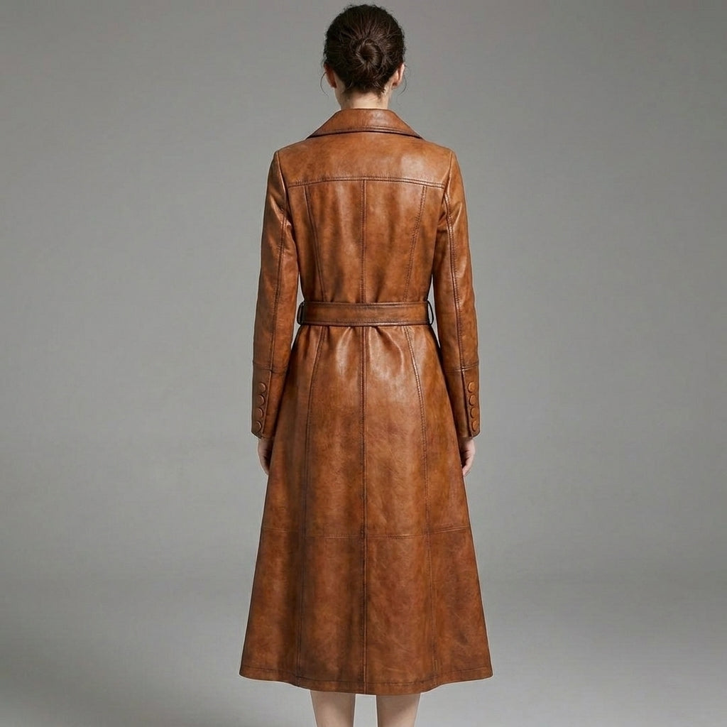 Italian Luxe Real Leather Trench Coat for Women – Premium Long Belted Jacket