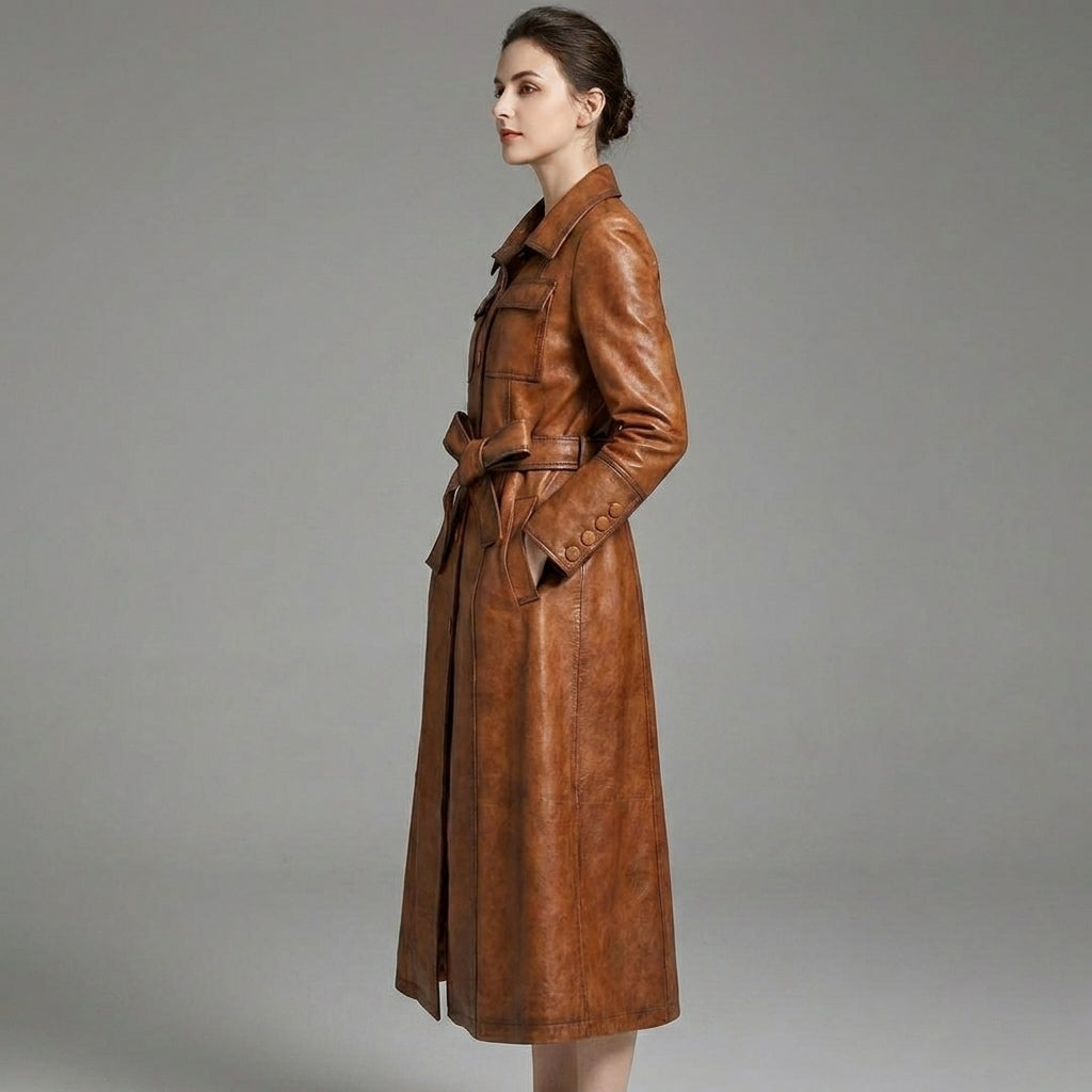 Italian Luxe Real Leather Trench Coat for Women – Premium Long Belted Jacket
