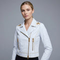 Ivory Studded Lambskin Leather Moto Jacket for Women