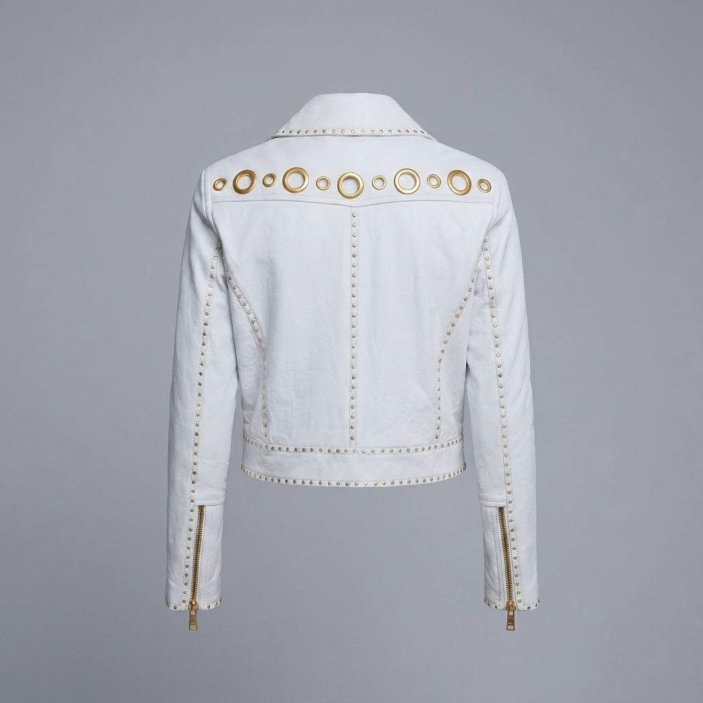 Ivory Studded Lambskin Leather Moto Jacket for Women