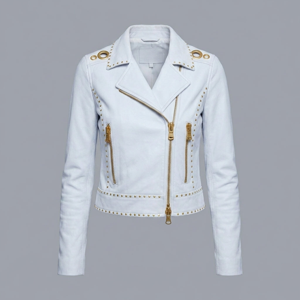 Ivory Studded Lambskin Leather Moto Jacket for Women