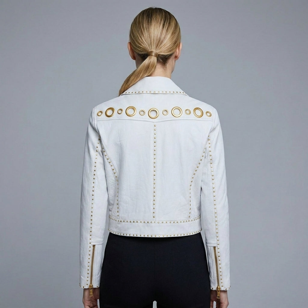 Ivory Studded Lambskin Leather Moto Jacket for Women