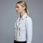 Ivory Studded Lambskin Leather Moto Jacket for Women