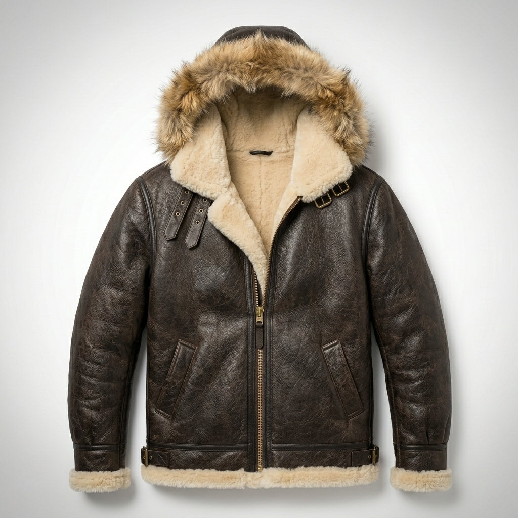 Cockpit USA Dakota Hooded B-3 Shearling Leather Jacket Brown