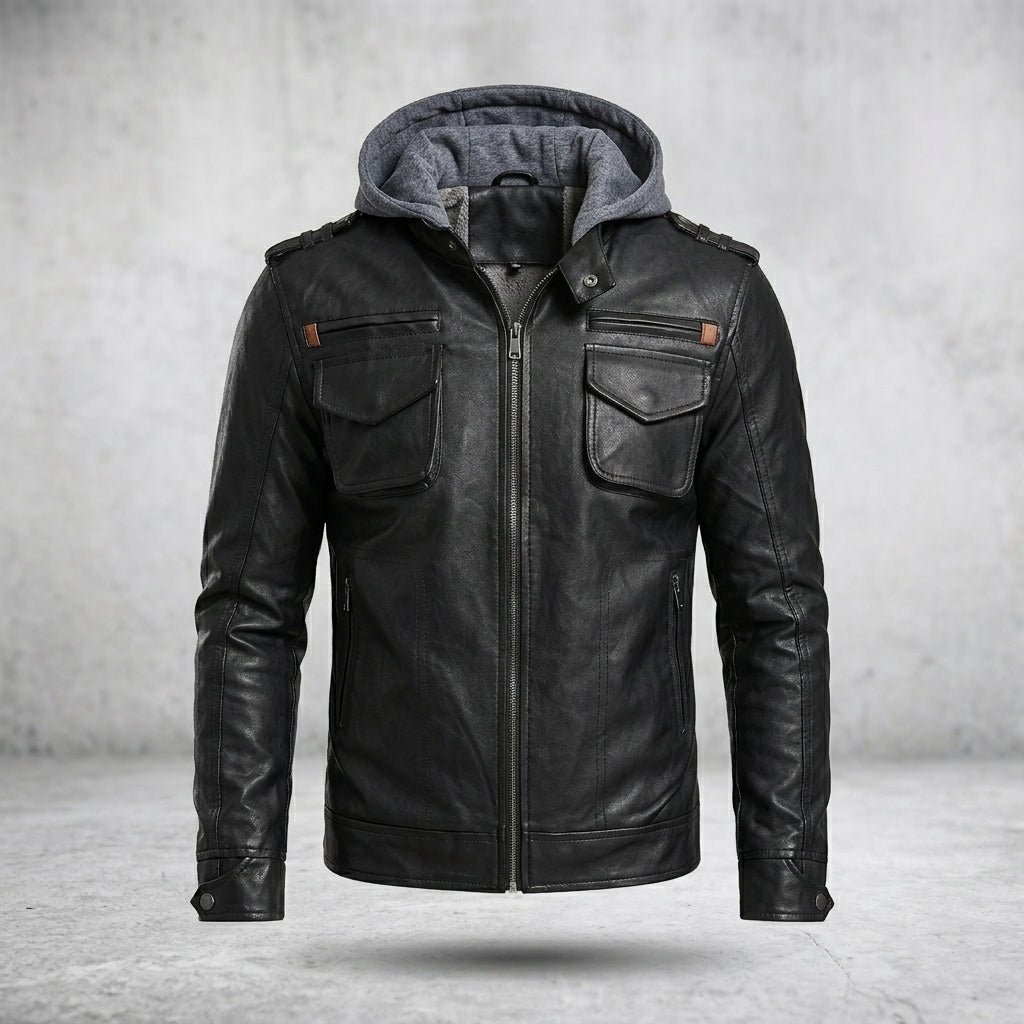 Men’s Brando Motorcycle Biker Leather Jacket with Hood