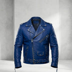 Men’s Blue Studded Leather Biker Jacket