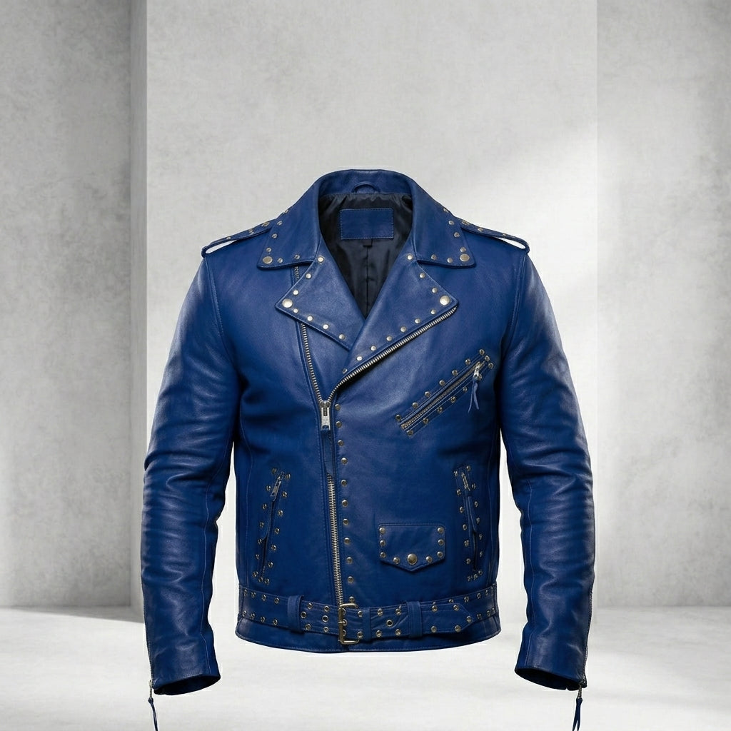 Men’s Blue Studded Leather Biker Jacket