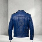 Men’s Blue Studded Leather Biker Jacket