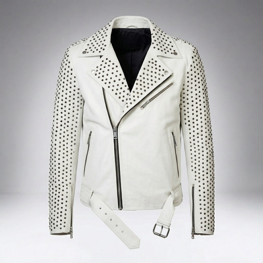 Men’s White Studded Biker Leather Jacket