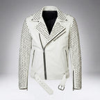 Men’s White Studded Biker Leather Jacket
