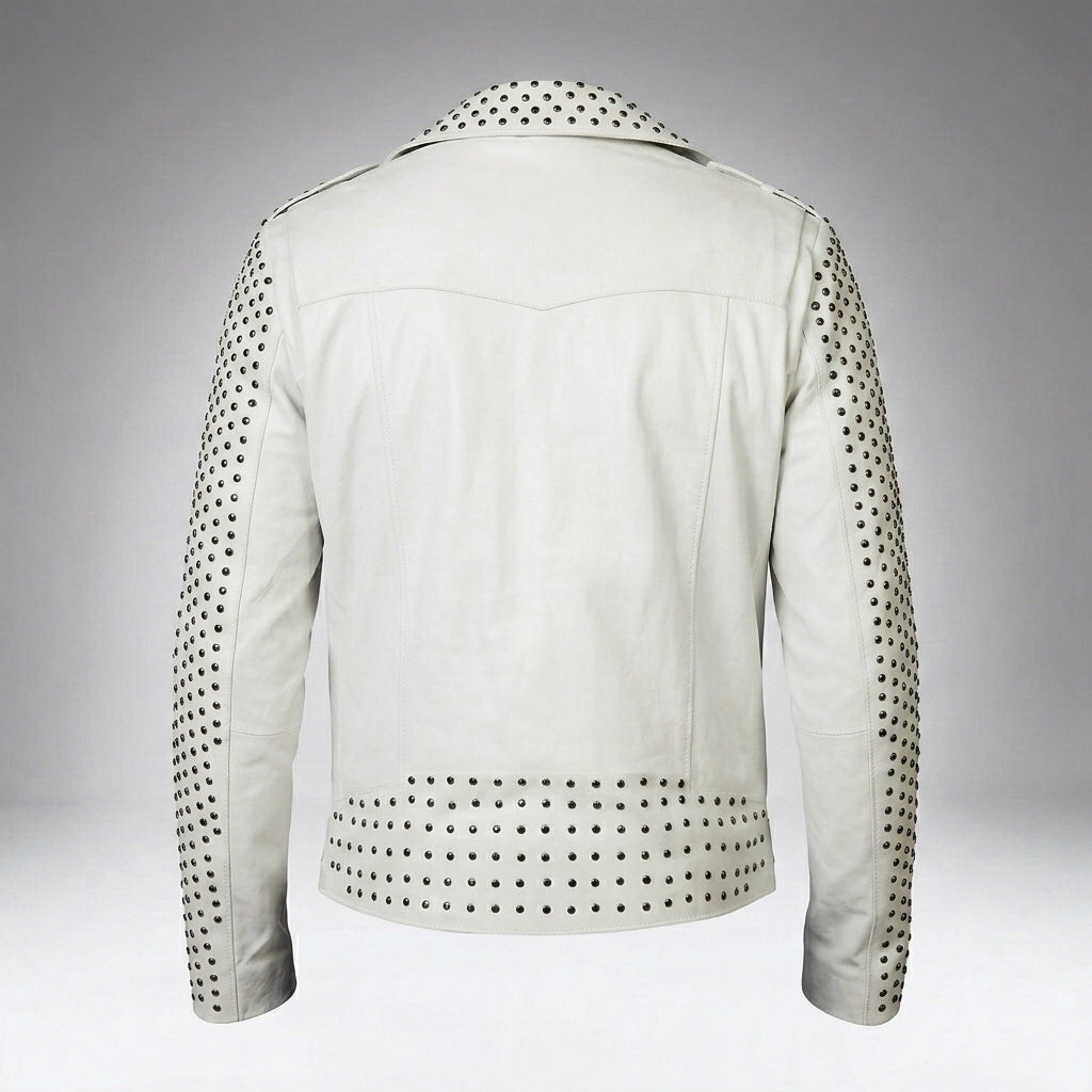 Men’s White Studded Biker Leather Jacket