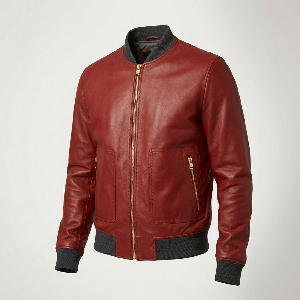 Men’s Red Lambskin Leather Bomber Jacket