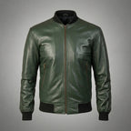 Men’s Green Real Leather Motorcycle Bomber Jacket