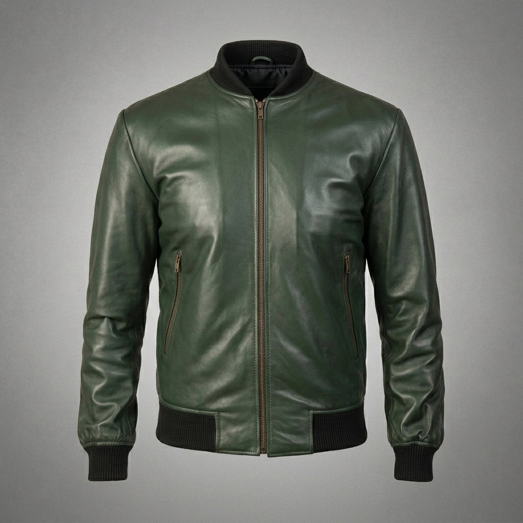 Men’s Green Real Leather Motorcycle Bomber Jacket