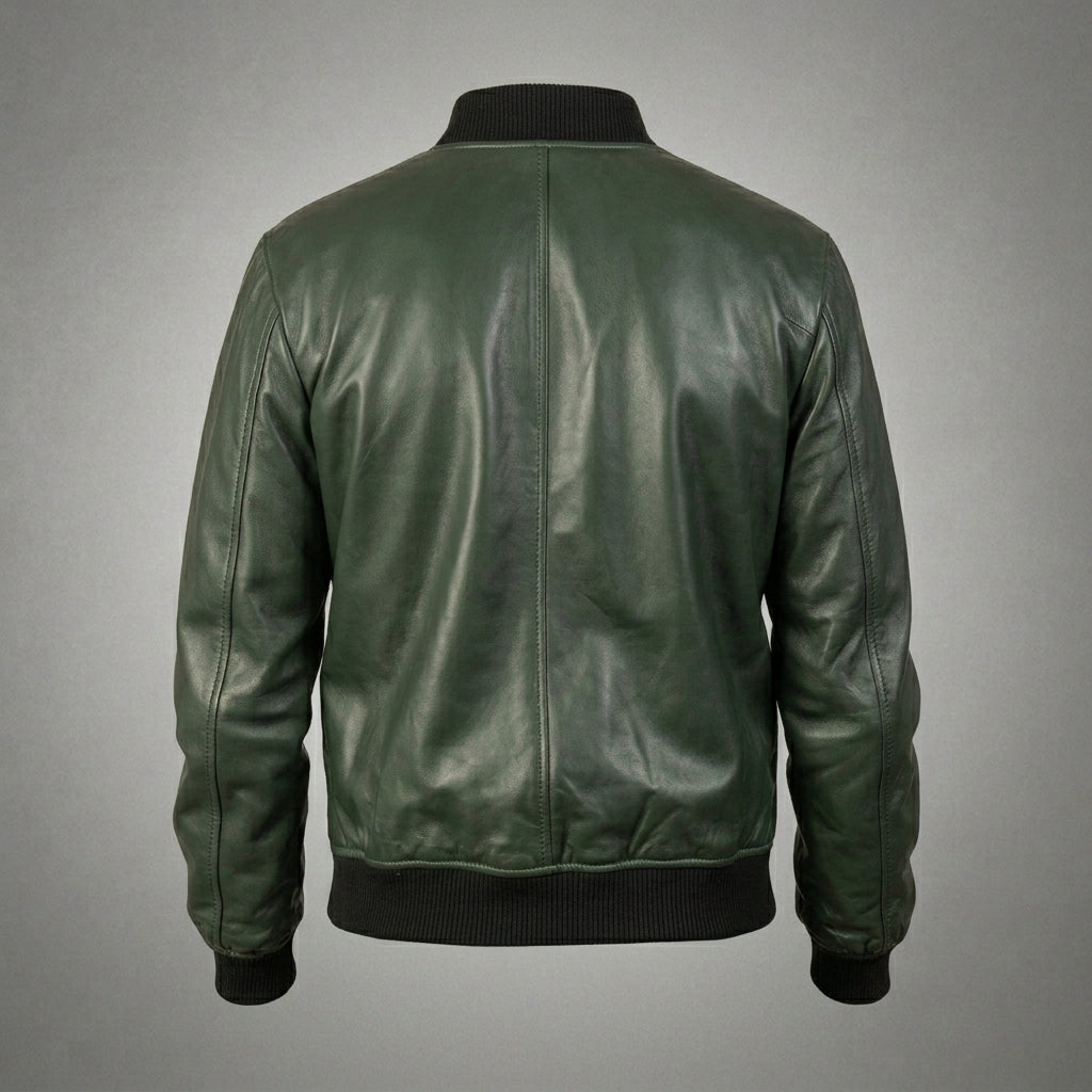 Men’s Green Real Leather Motorcycle Bomber Jacket