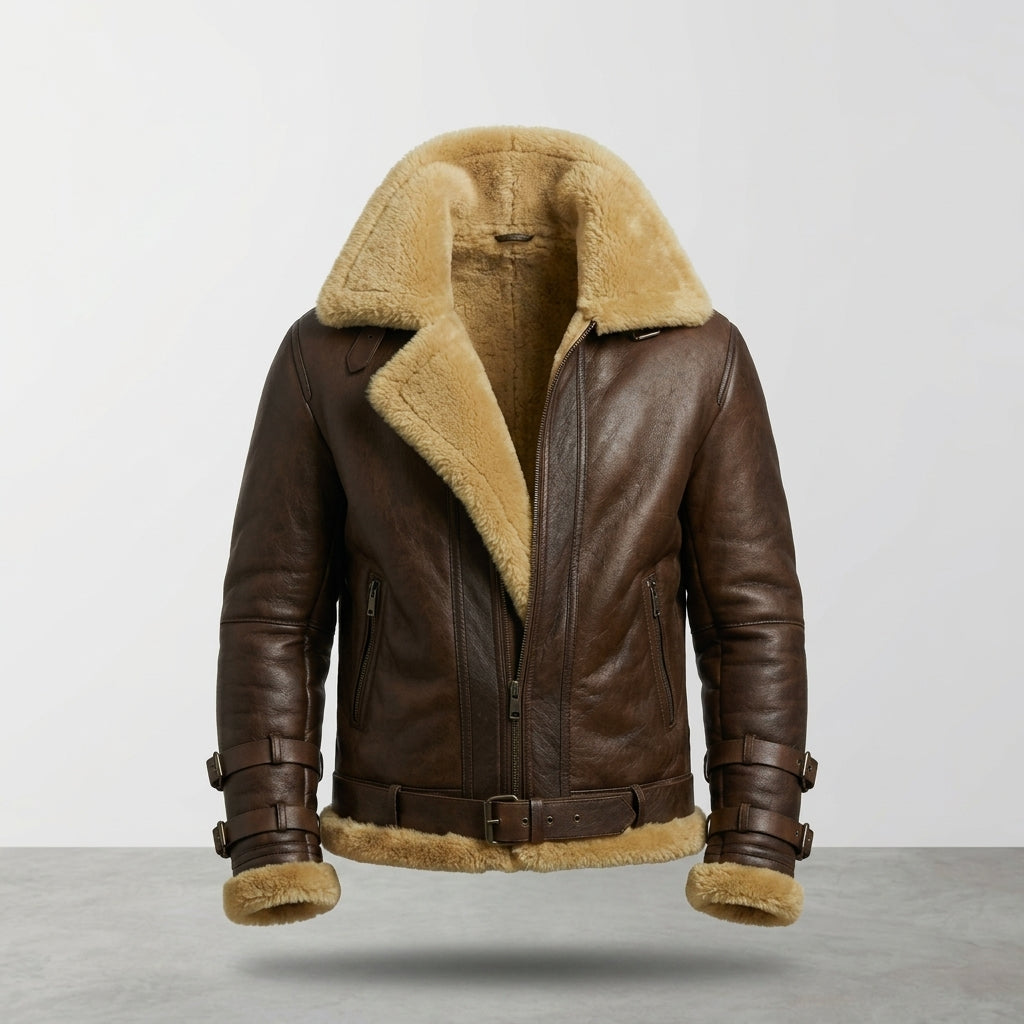 Men’s Brown B-3 Aviator Sheepskin Shearling Bomber Jacket