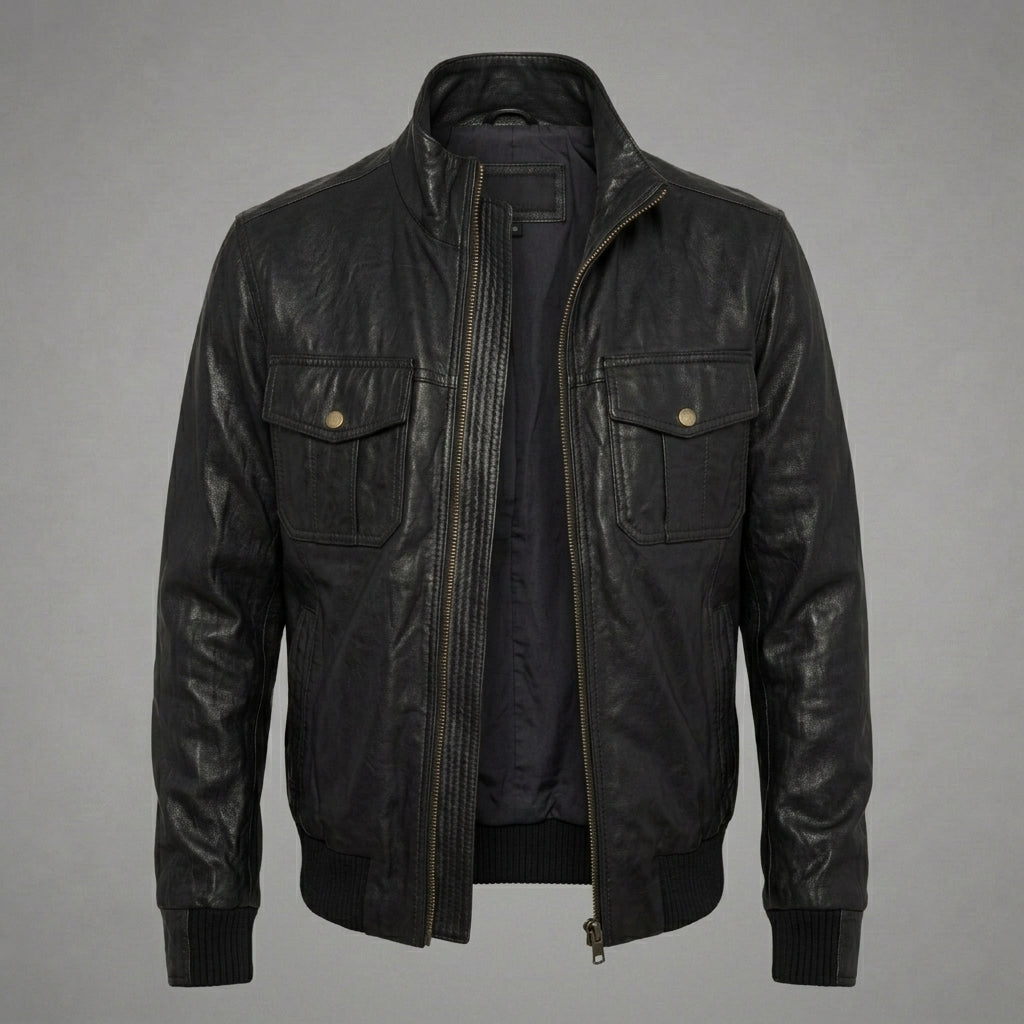 Men’s Black Sheepskin Leather Bomber Jacket